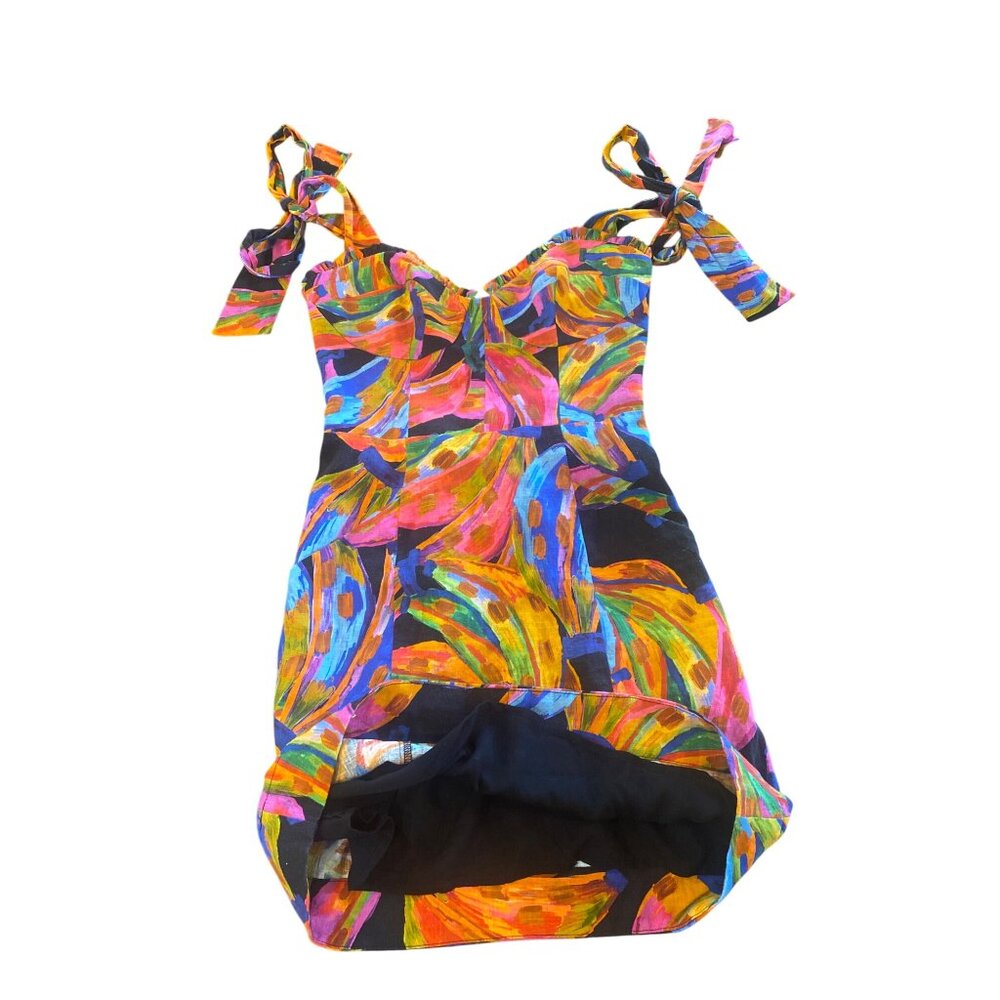 Farm Rio Rainbow Bananas Shoulder-Tie Mini Dress XS Linen - Picture 6 of 14